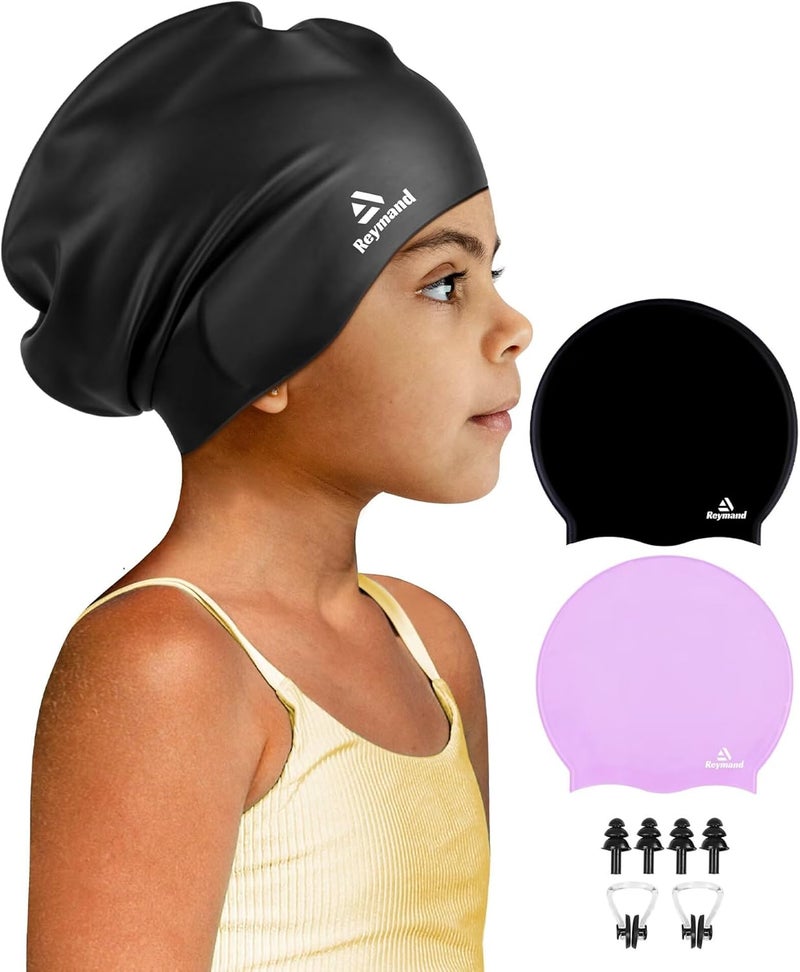 Reymand 2 Pack Kids Extra Large Swim Cap for Long Thick Hair, Waterproof Silicone Swimming Cap for Toddler Child Youth Girls Boys, Durable Swim Hats Bathing Caps for Braids, Dreadlocks, Extensions, Afros - Image 1